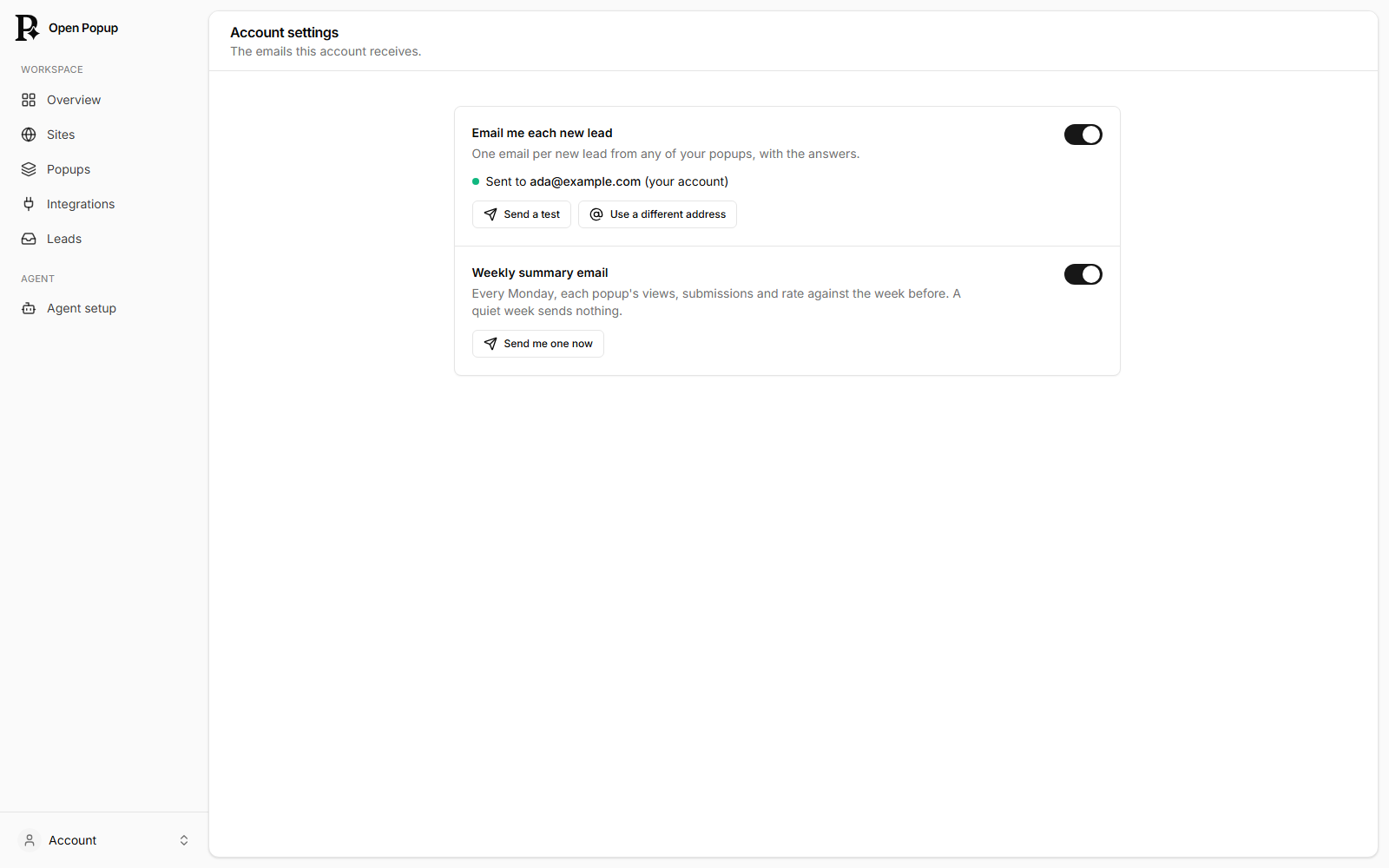 Account settings: the new-lead email switch with Send a test and Use a different address, and the weekly summary