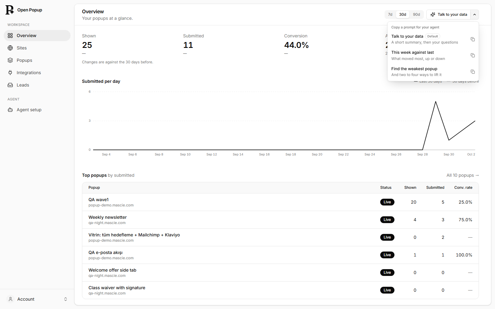 The Overview with the Talk to your data menu open: three prompts to copy for your agent