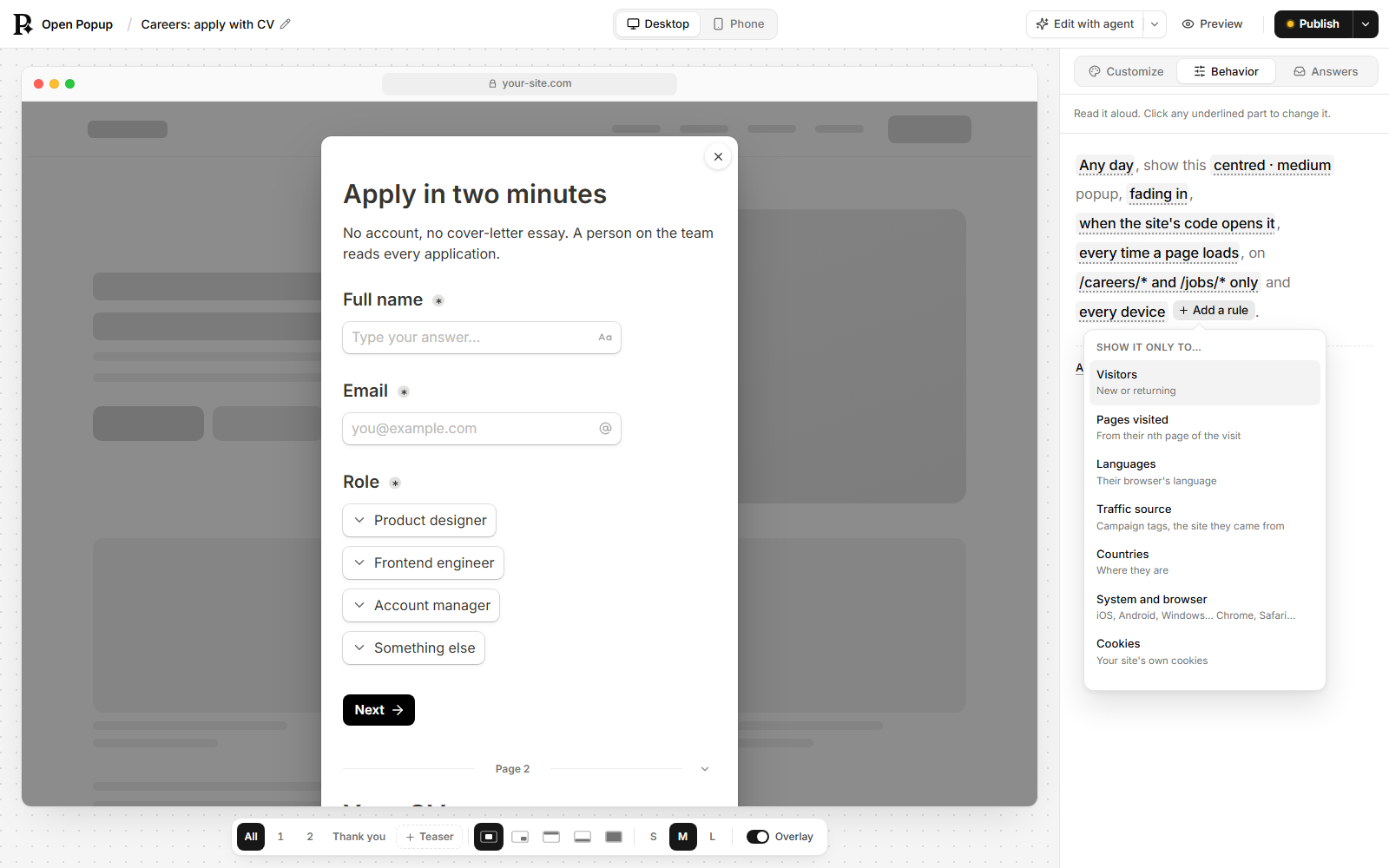 The Behavior panel as one sentence, with the Add a rule menu open: visitors, pages visited, languages, traffic source, countries, system and browser, cookies