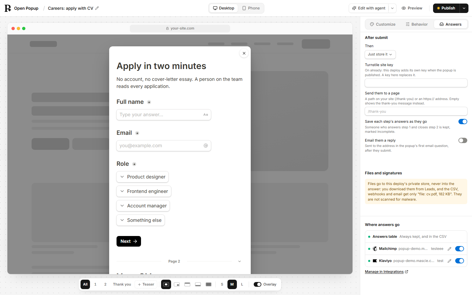 The builder Answers tab: after-submit options, the spam check, files note, and Where answers go with the table, Mailchimp and Klaviyo switches