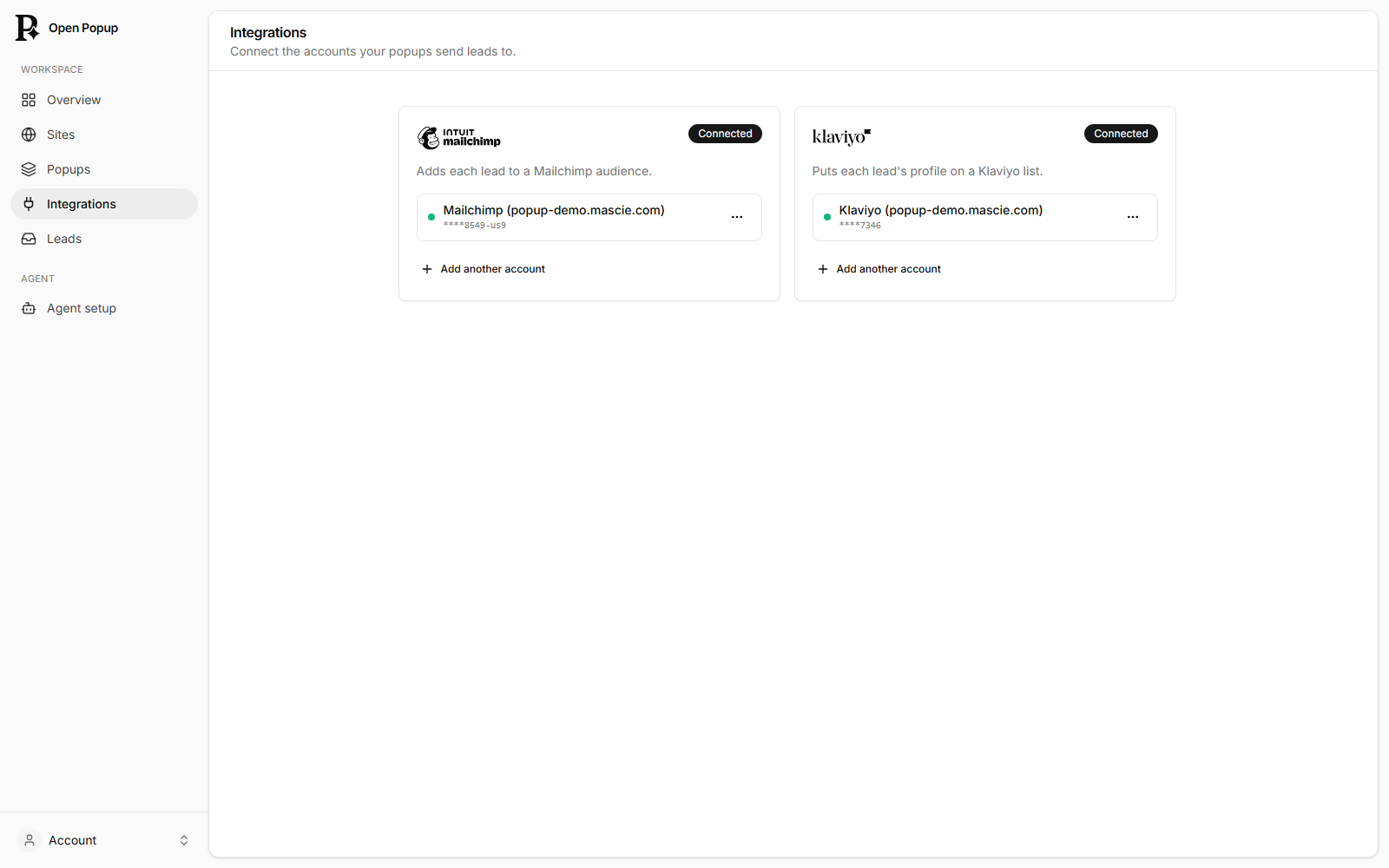 The Integrations page with a connected Mailchimp and Klaviyo account
