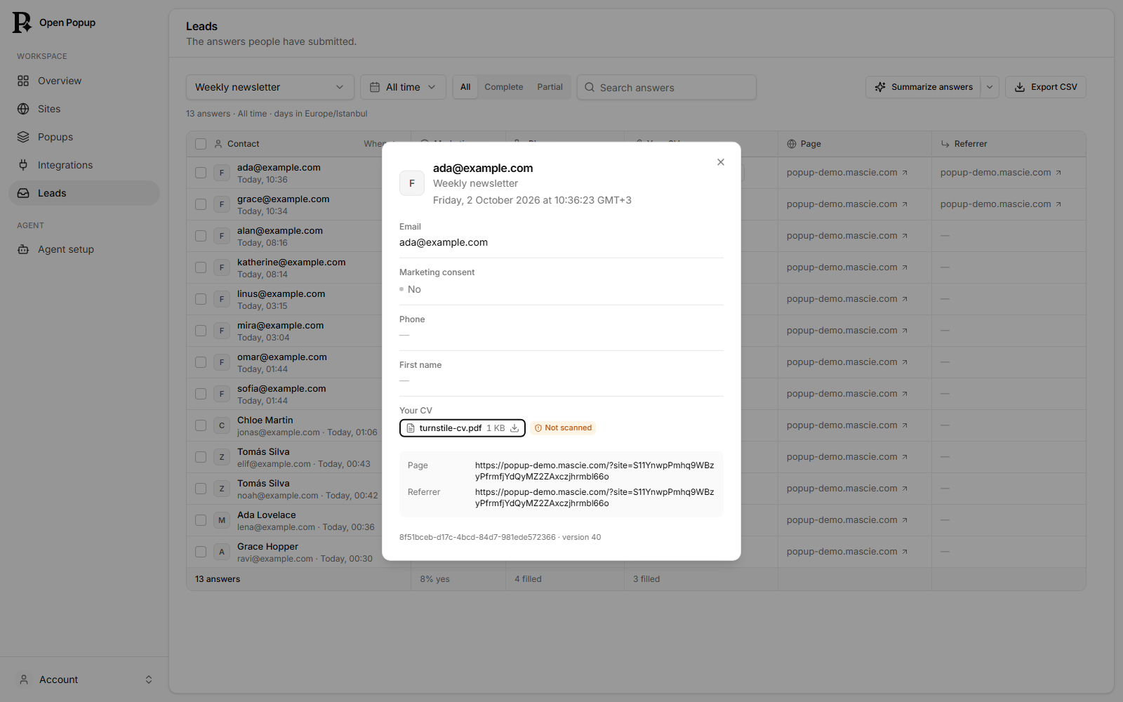 A lead in the dashboard with its uploaded file, a download button and a Not scanned badge