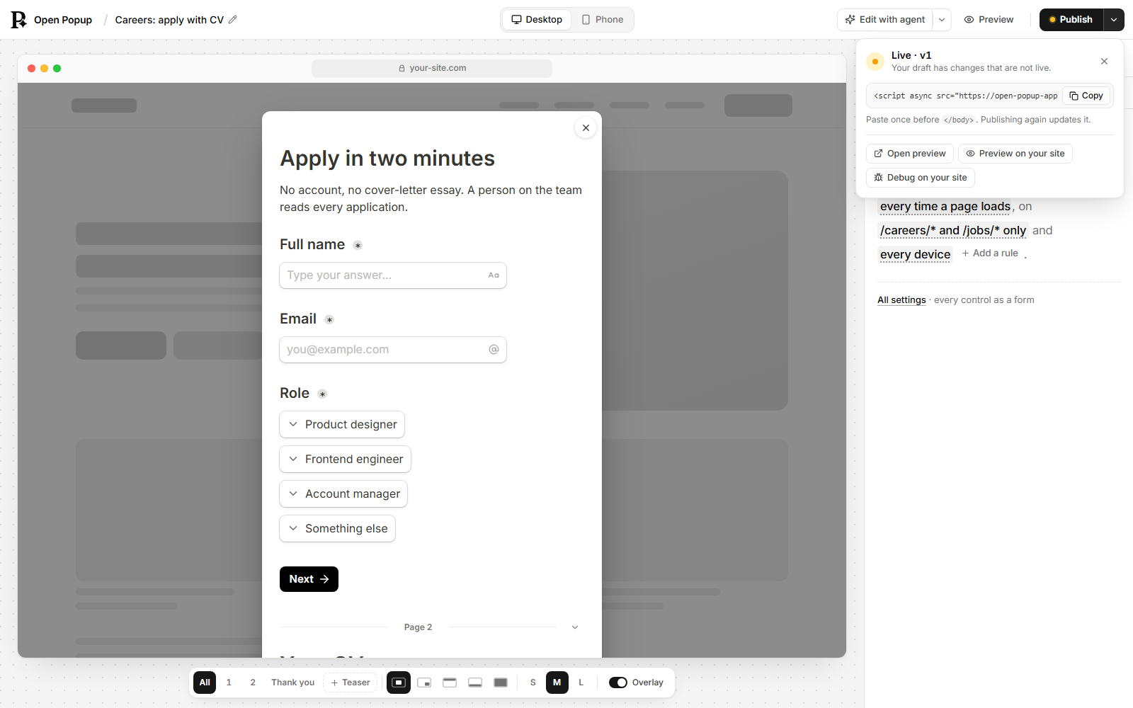 The arrow beside Publish on a live popup: Open preview, Preview on your site and Debug on your site