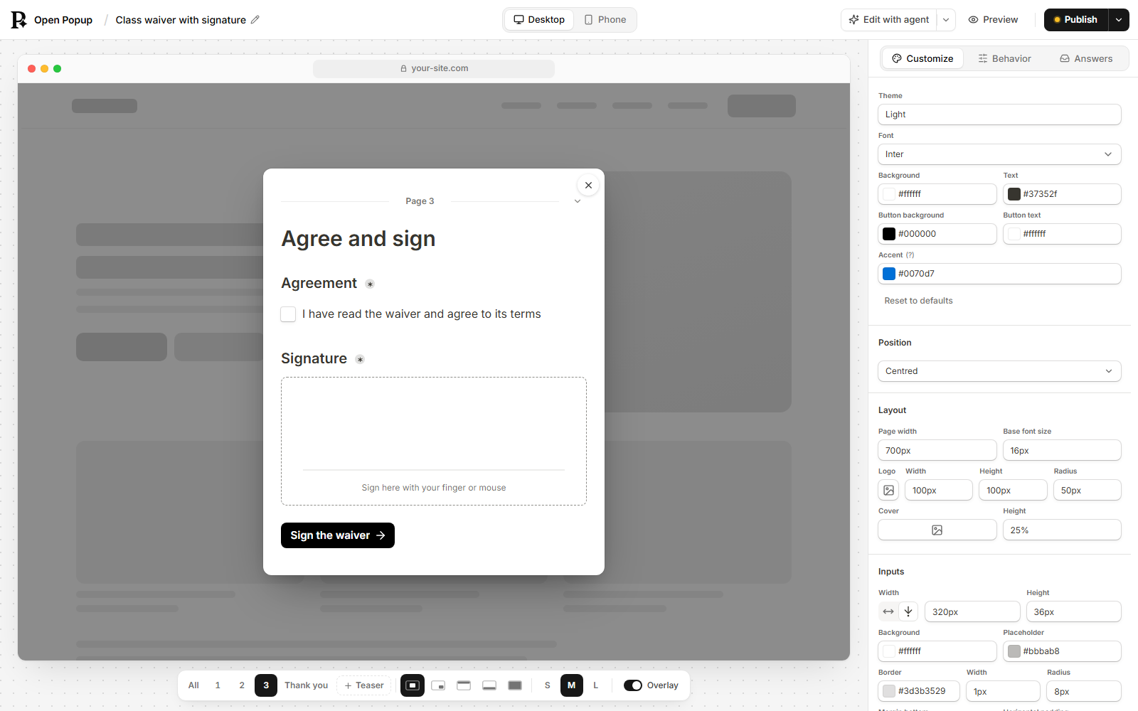 A signature question on a waiver popup: sign here with your finger or mouse