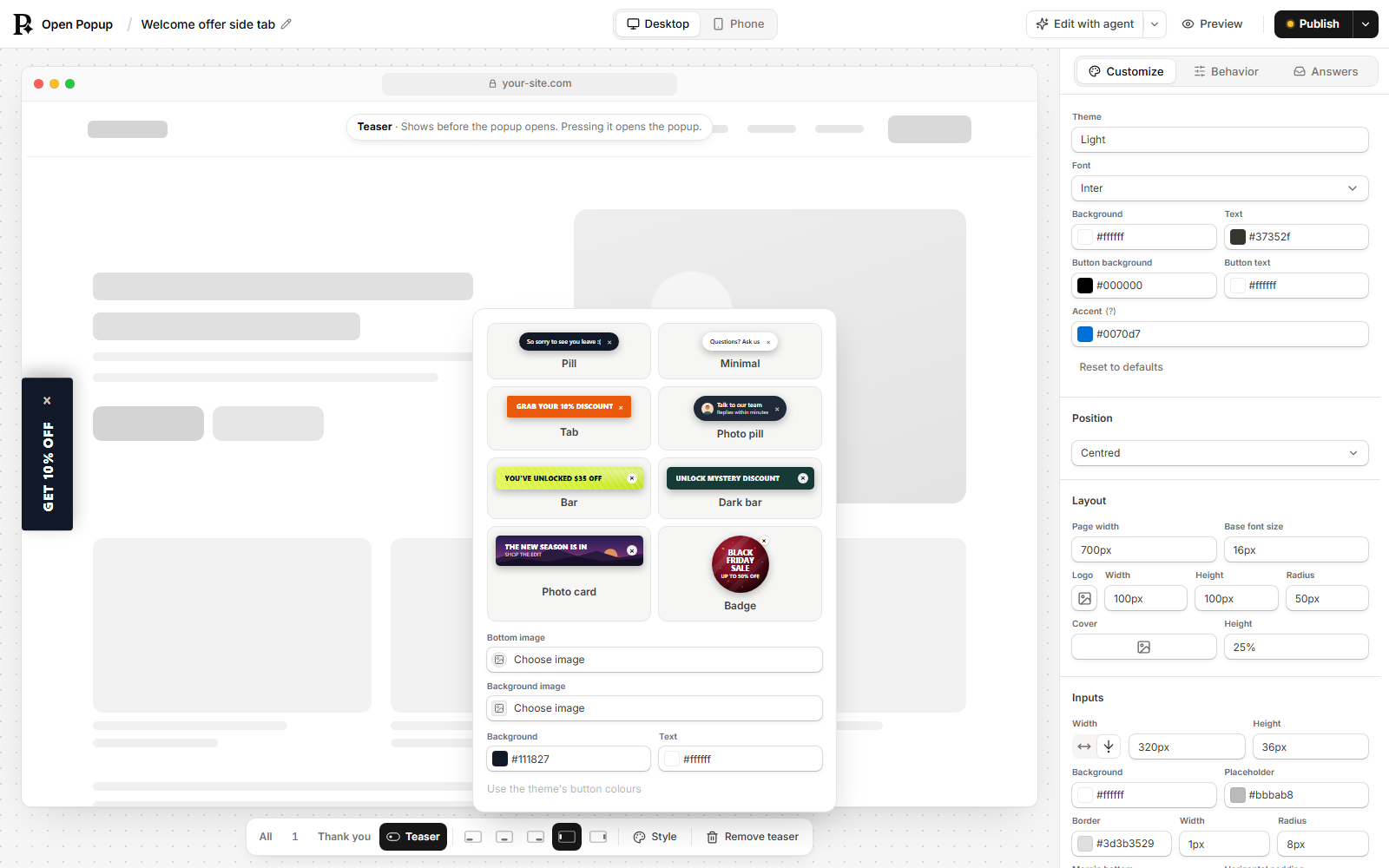 The teaser Style menu: Pill, Minimal, Tab, Photo pill, Bar, Dark bar, Photo card and Badge