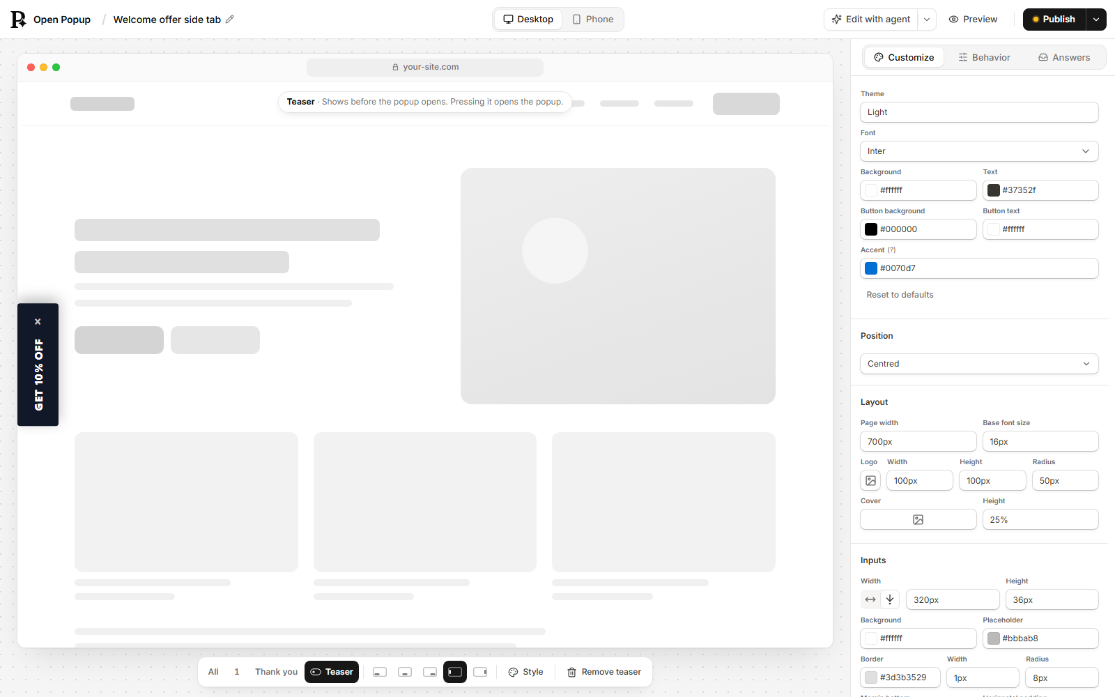 A teaser as a tab on the left edge of the page, in the builder