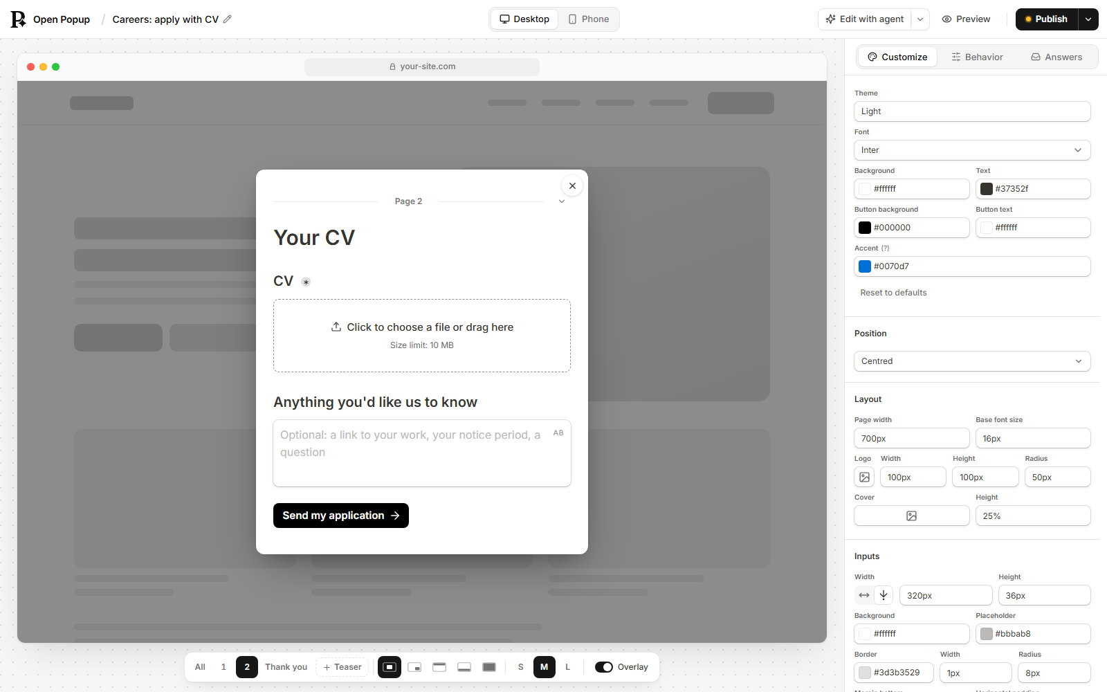 A file question on the second page of an application popup: Click to choose a file or drag here, size limit 10 MB
